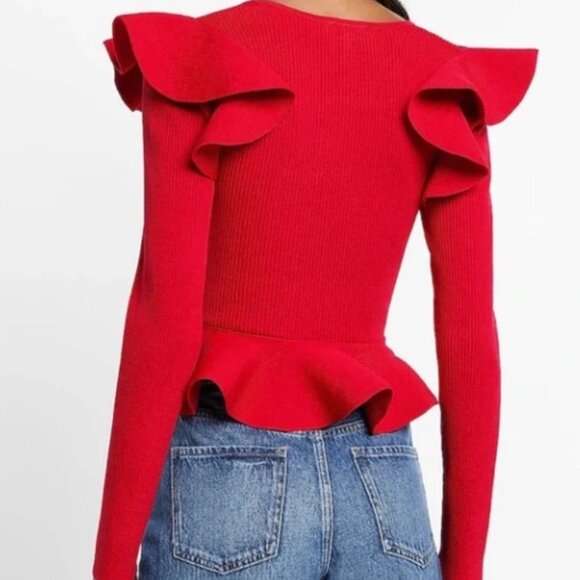 Express Ribbed Sweetheart Neckline Ruffle Peplum Sweater Size S - Picture 3 of 8